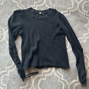 Free People Black Textured Long Sleeve Top